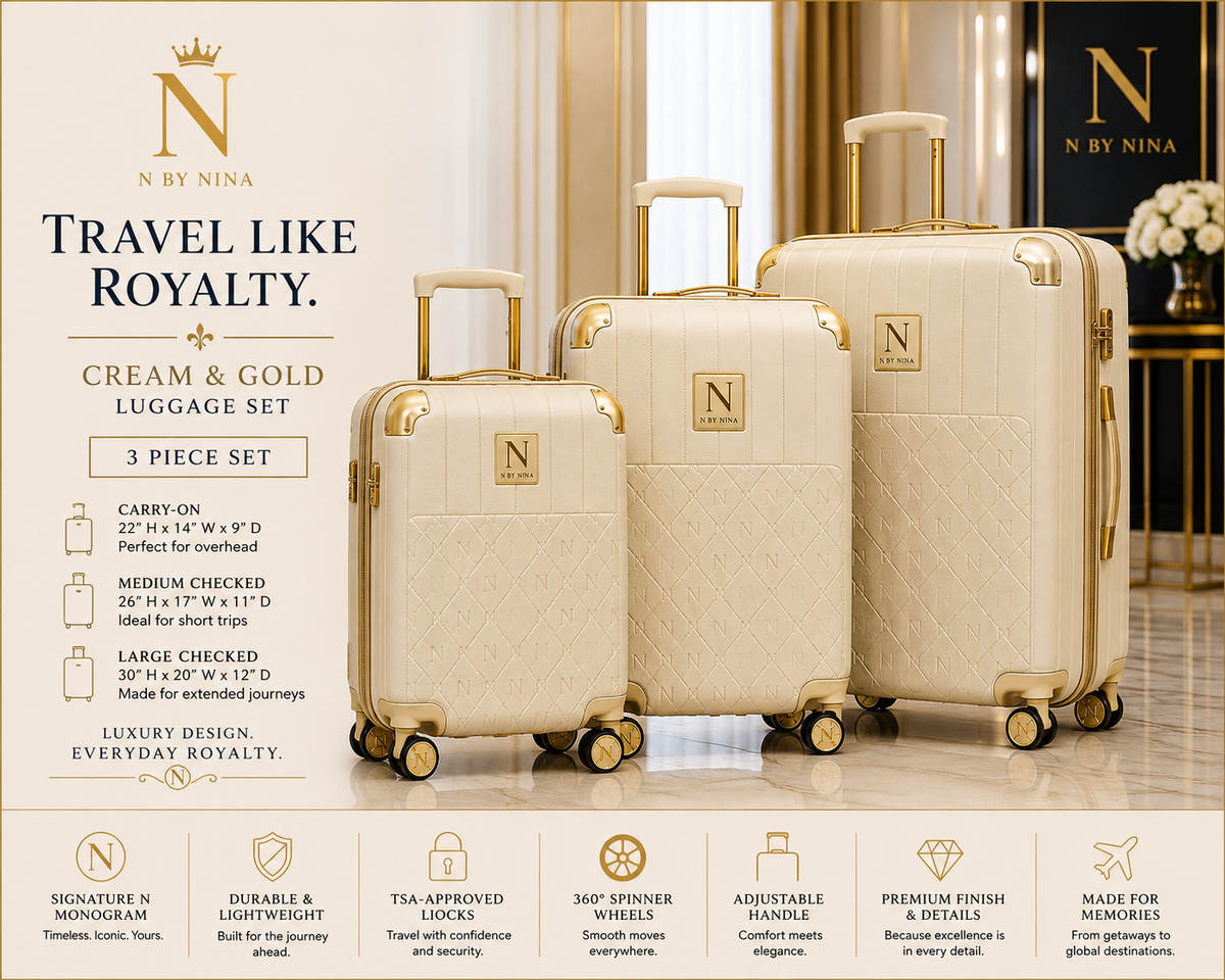 N by Nina Royal Journey — Cream & Gold 3-Piece Luggage Set